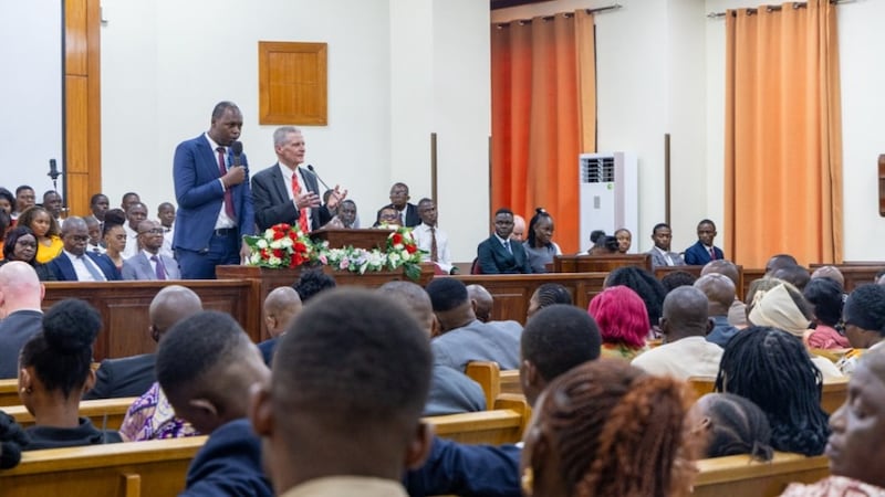 Elder David A. Bednar speaks from the pulpit during a special stake conference of the Kinshasa Democratic Republic of the Congo Kimbanseke Stake on Sunday, March 15, 2026.