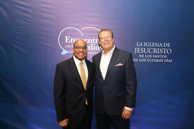 Left, Elder Ahmad S. Corbitt, a General Authority Seventy and member of the Church's Caribbean Area presidency, stands with Eduardo Cancela, vice president of TeleOnce, during an event in San Juan, Puerto Rico, on Aug. 28, 2026.