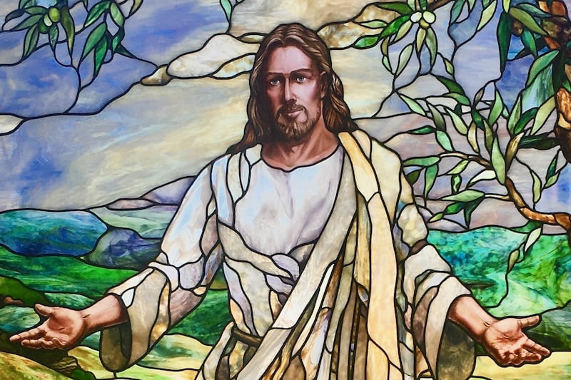 Stained-glass image of the Savior, Jesus Christ, in the Paris France Temple.