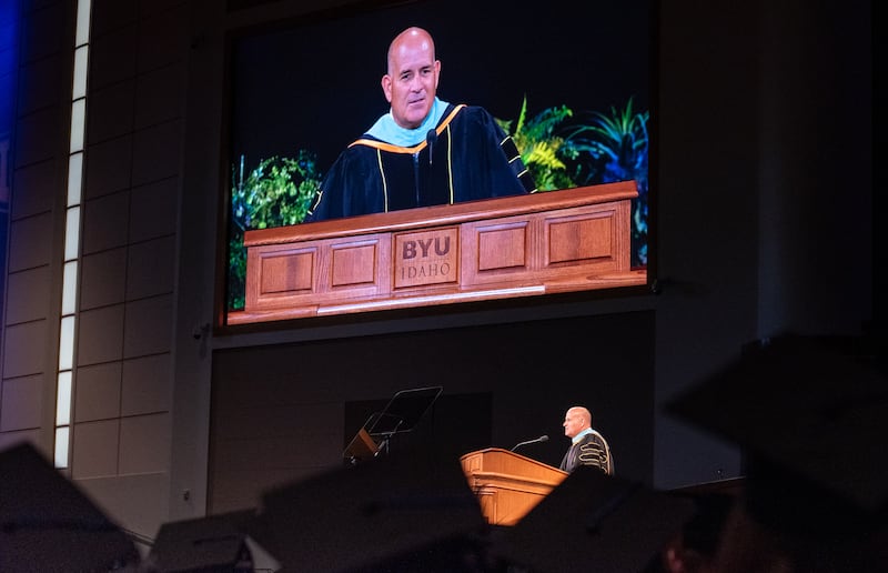 Brother David J. Wunderli, first counselor in the Young Men general presidency, speaks during BYU–Idaho commencement on Thursday, July 23, 2026, in Rexburg, Idaho.