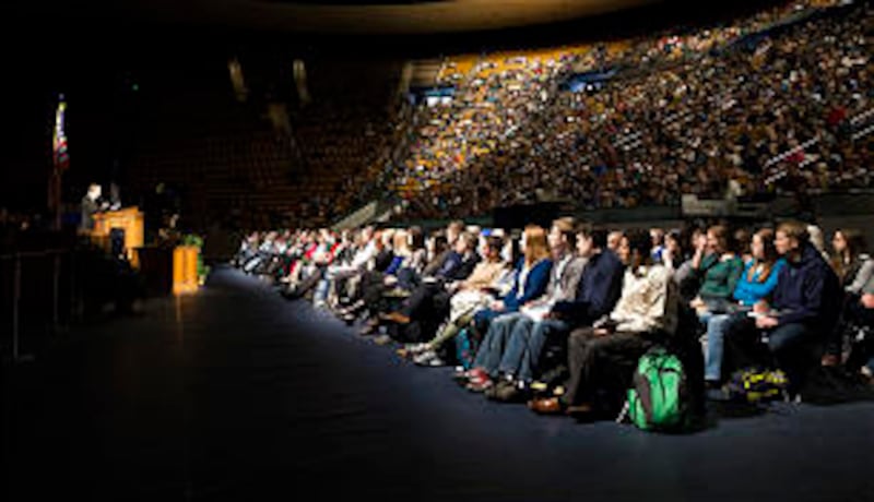 Bishop Gary E. Stevenson, Presiding Bishop of the Church, speaks at a BYU devotional on Jan. 14.