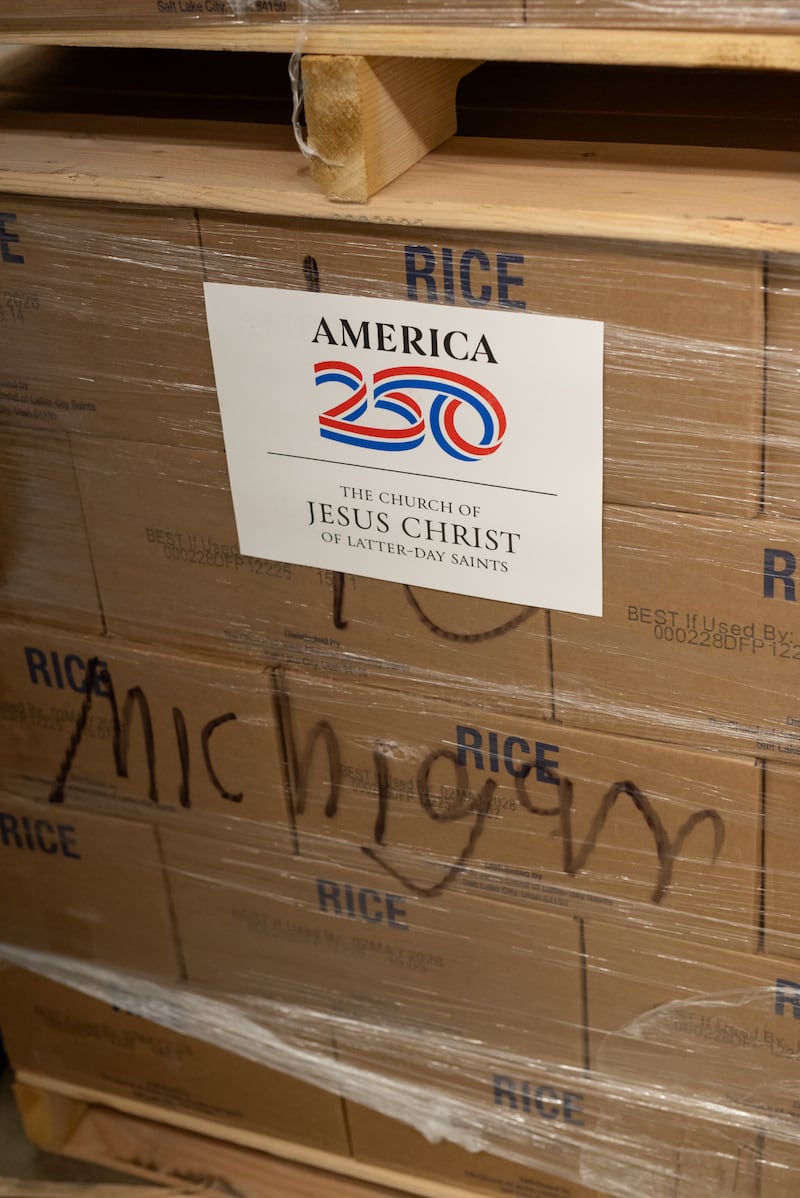 A truckload of food donations from The Church of Jesus Christ of Latter-day Saints is unloaded at the Fish of Grand Blanc food bank warehouse in Grand Blanc, Michigan, on Wednesday, Nov. 19, 2025.