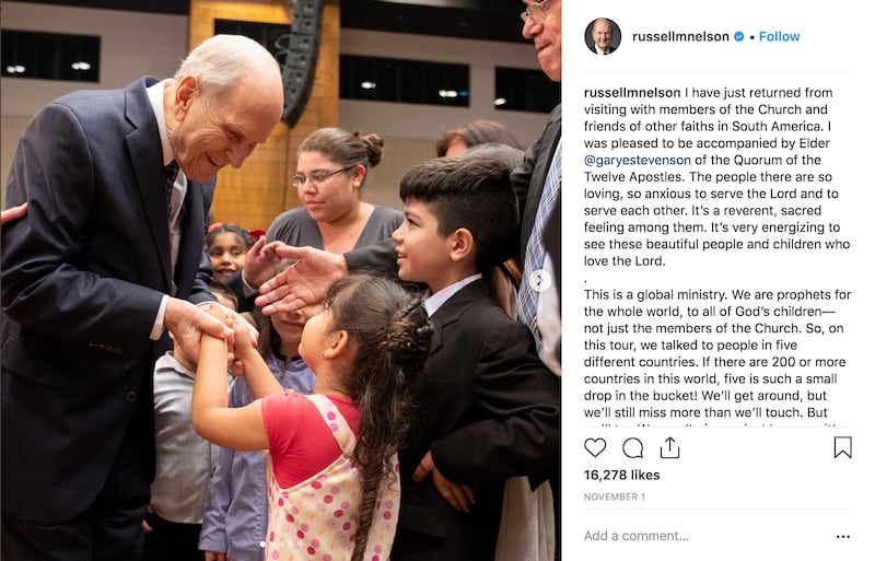 Screenshot of President Nelson's first Instagram post.