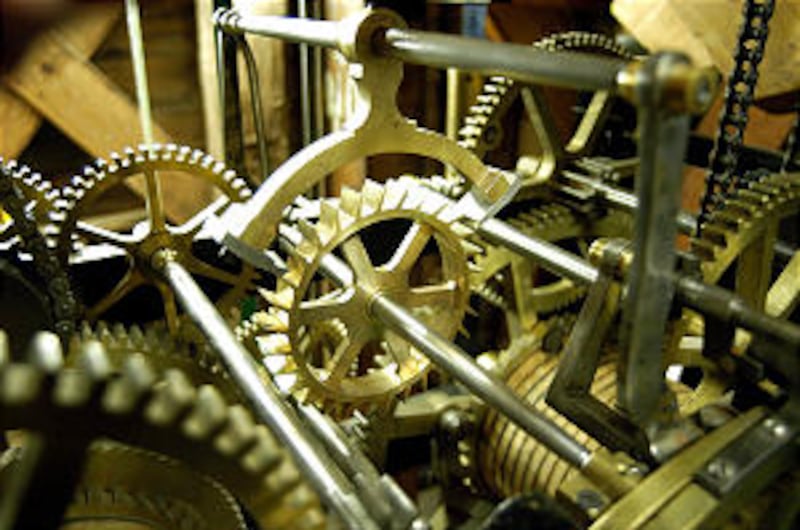 Escapement wheel and verge are crucial elements in clock accuracy.