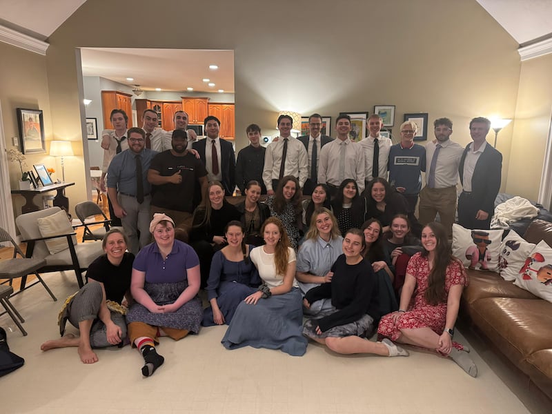 Members of the Mount Auburn YSA Ward take a picture after a dinner and temple activity in Cambridge, Massachusetts, March 11, 2026.