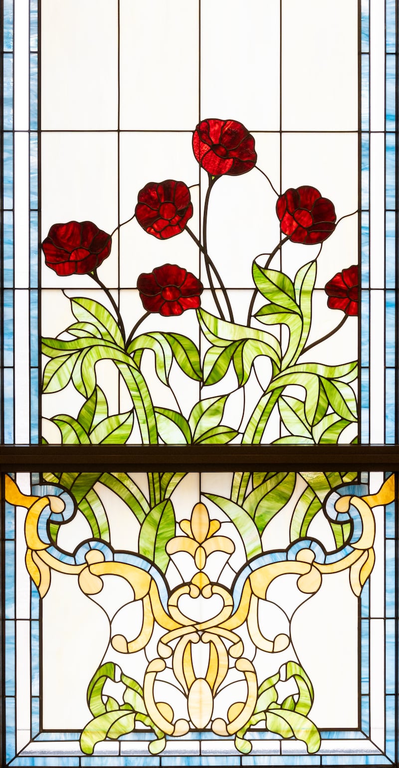 Art-glass designs inside the San Luis Potosí Mexico Temple.