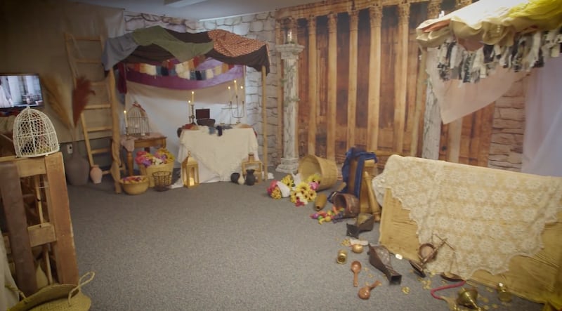 The room in a meetinghouse in Herriman, Utah, is transformed to depict Jesus Christ cleansing the temple during the last week of his life leading up to the Crucifixion, on April 9-10, 2025.