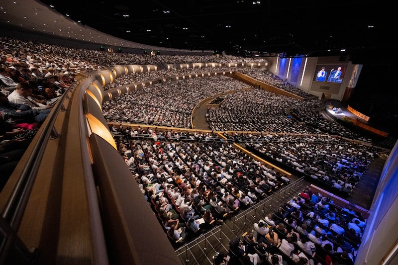 BYU–Idaho students gather in the I-Center auditorium for a devotional with Elder David A. Bednar of the Quorum of the Twelve Apostles and his wife, Sister Susan Bednar, as part of the university's 25th anniversary celebrations, on Thursday, Oct. 8, 2026.