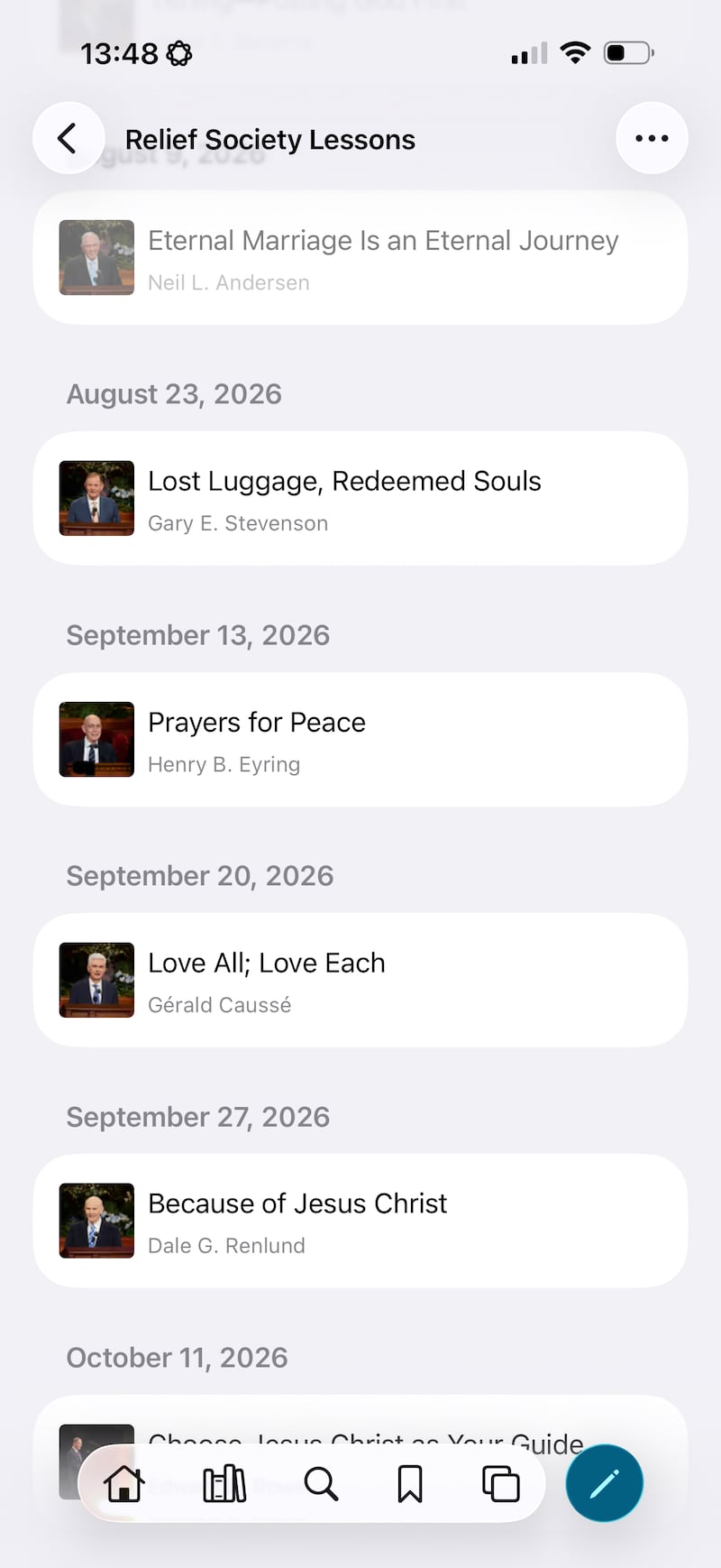 A screenshot from the Gospel Library app shows the general conference talks to be studied in upcoming weeks for a ward Relief Society in August, September and October 2026.