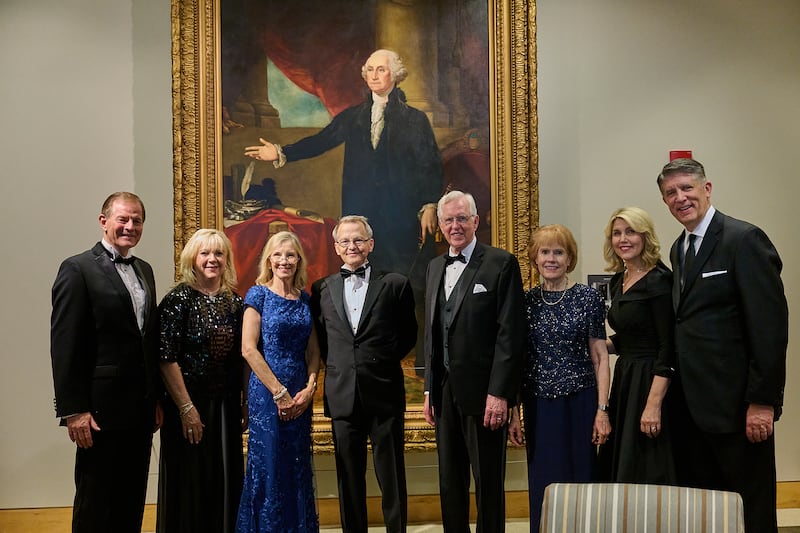 President D. Todd Christofferson, second counselor in the First Presidency, fourth from the right, Elder Gary E. Stevenson of the Quorum of the Twelve Apostles, far left, and Elder Matthew S. Holland, a General Authority Seventy, far right, and others attend Becket's annual Canterbury Medal Gala at the National Constitution Center in Philadelphia, Pennsylvania, on Thursday, June 11, 2026.