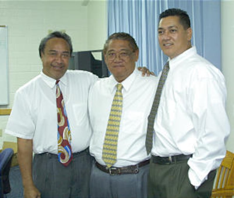 Mapusaga Stake President Edward M. Stevenson, center, and counselors, Vanu Moe and Nile Muliselu.