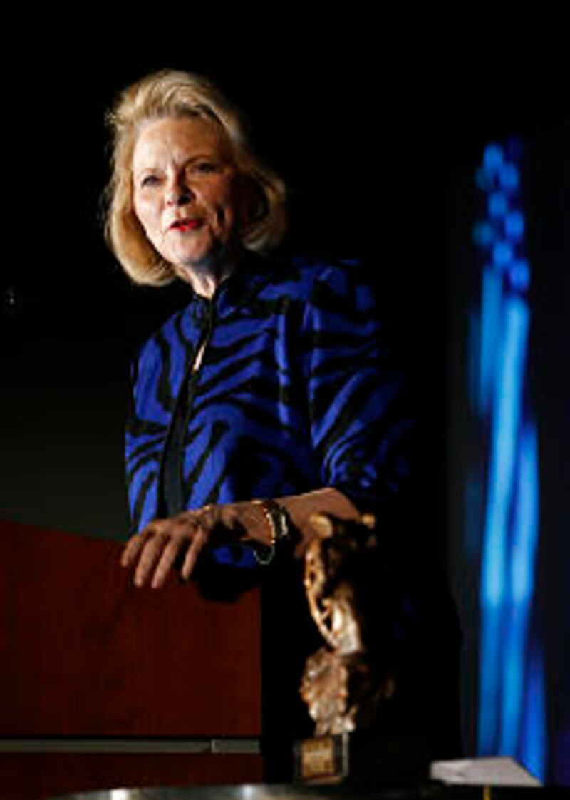 Sheri L. Dew speaks after receiving the Pioneer in Leadership Award from the BYU Management Society,