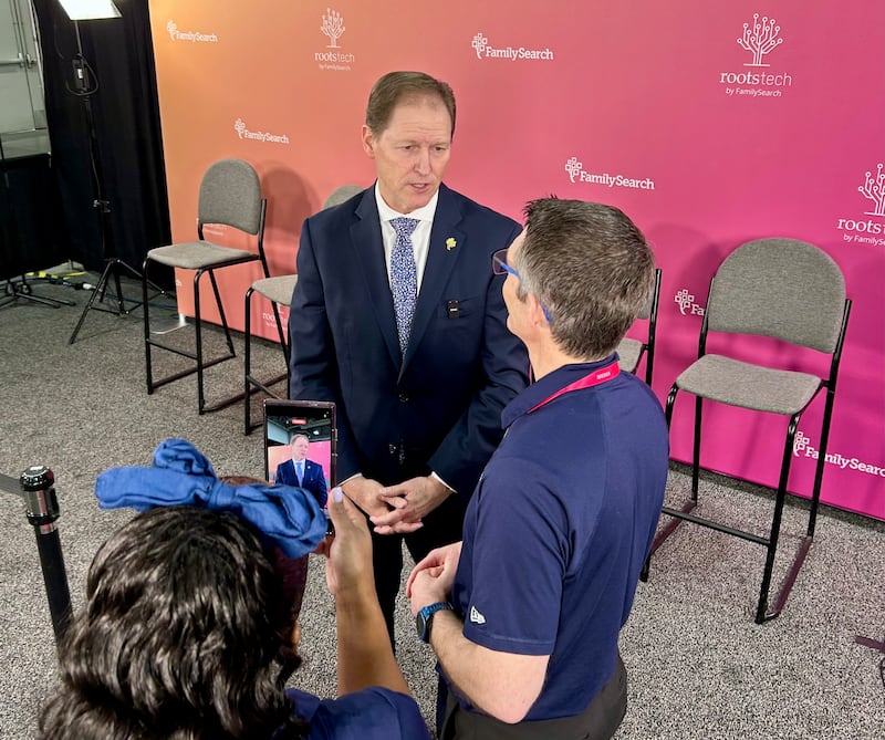 Elder Mark A. Bragg is interviewed by Brandon Isle at RootsTech.
