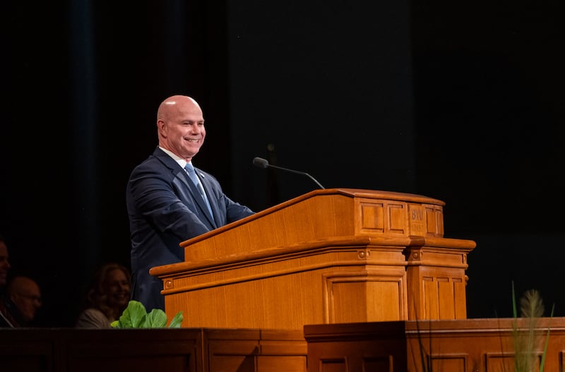 Brigham Young University–Idaho President Alvin F. Meredith III speaks in a campus devotional on Tuesday, April 21, 2026, in Rexburg, Idaho.
