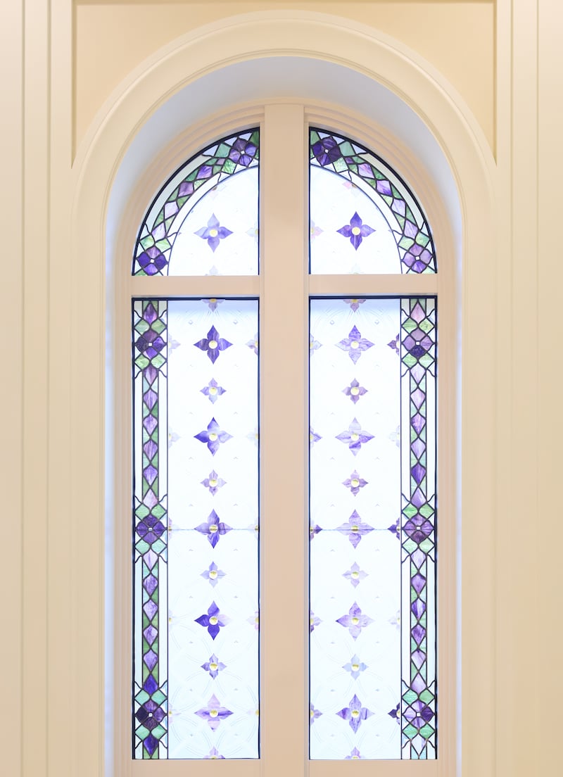 An art-glass window inside the Phnom Penh Cambodia Temple.