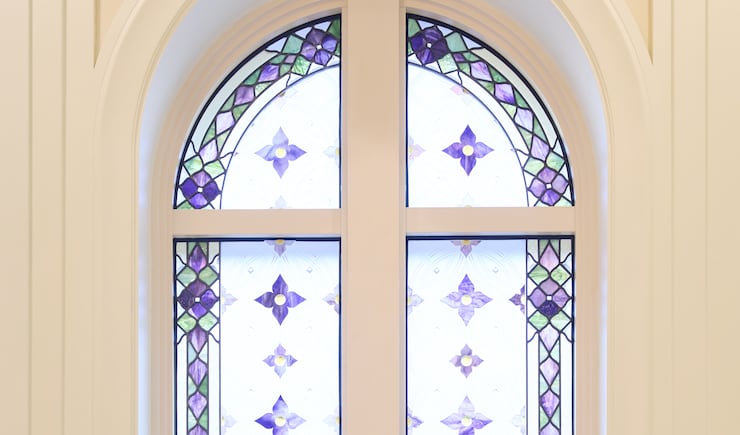 An art-glass window inside the Phnom Penh Cambodia Temple.