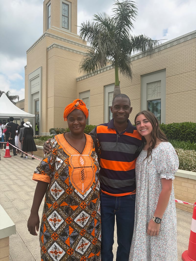 Kilford Shereni, center, and his wife, Tsitsi, are joined by Loryn Stoddard at the Harare Zimbabwe Temple open house.