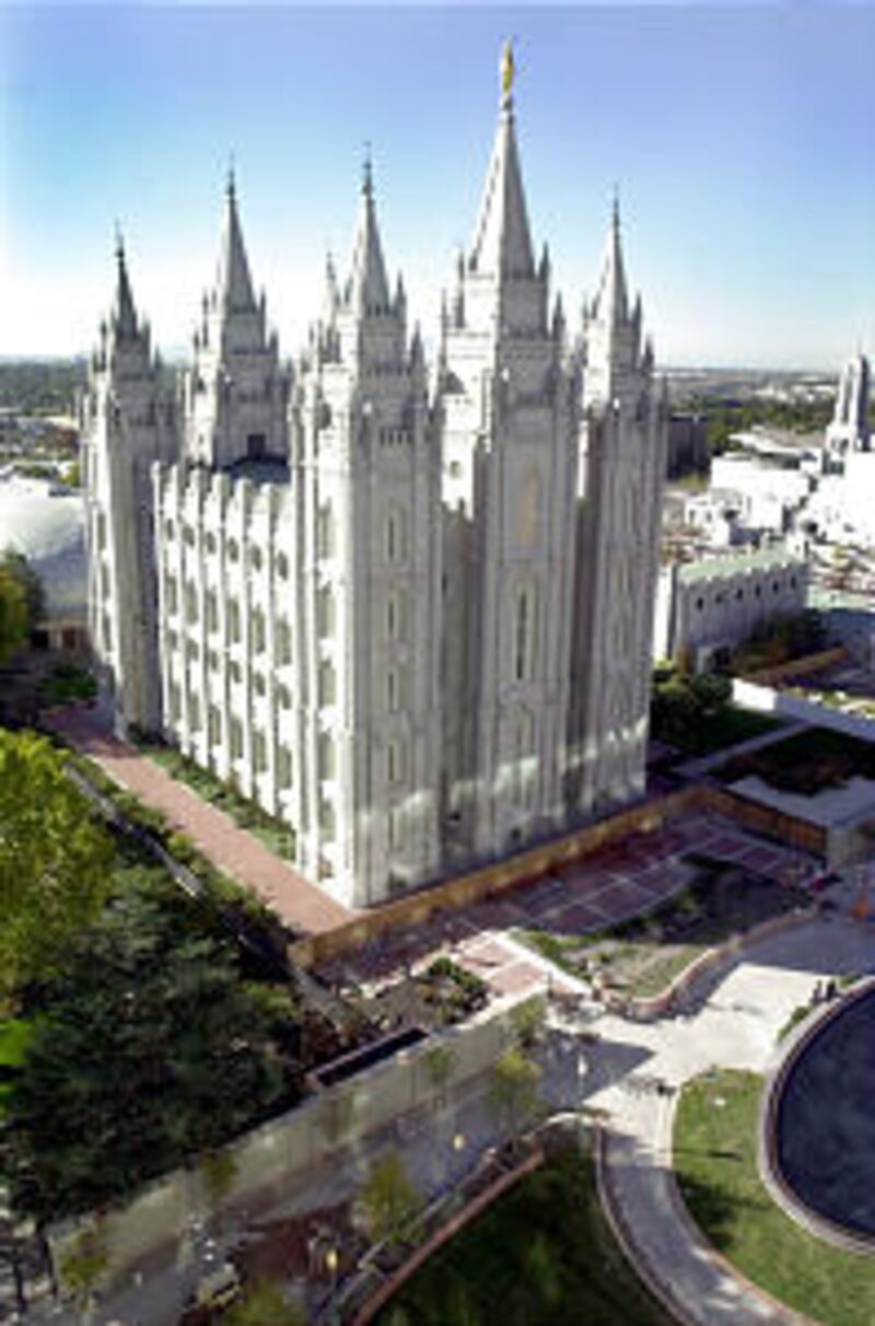Aerial view of the Main Street Plaza (photographed from the Joseph Smith Memorial Building) that ope