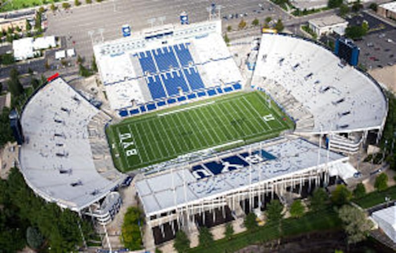An aerial shot of the LaVell Edwards Stadium at BYU.