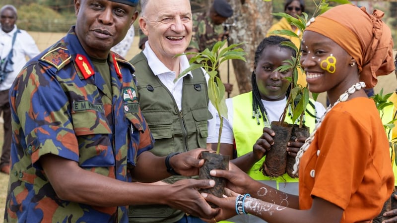 Elder Paul B. Pieper greets Eunice Gichane at the Thogoto Teachers Training College in Thogoto, Kenya, on Oct.10, 2026.