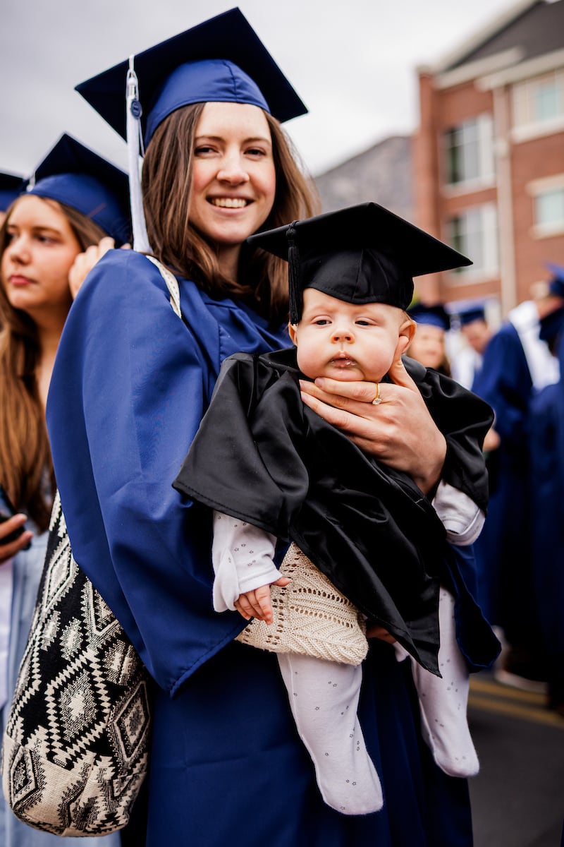BYU graduates line up outside the Marriott Center in preparation for commencement on Thursday, April 23, 2026, in Provo, Utah.