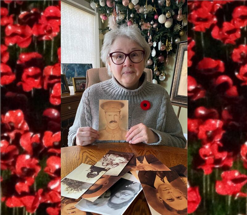 Deborah Martin with a picture of her great-granduncle, William John Young, on Remembrance Day, 2021.