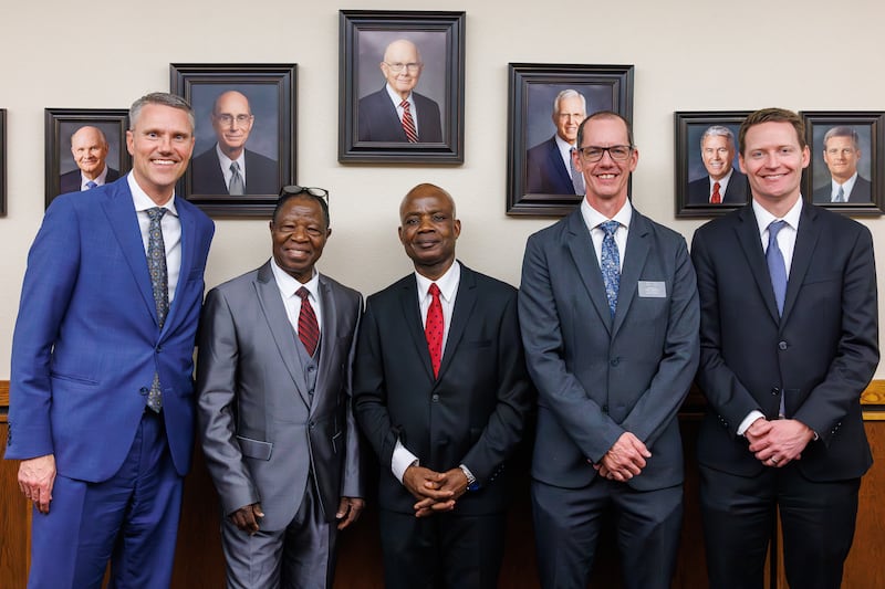 Members of the new Treasure Valley Ward (Swahili) bishopric with other leaders take a picture together on Sunday, Feb. 8, 2026, in Boise, Idaho.