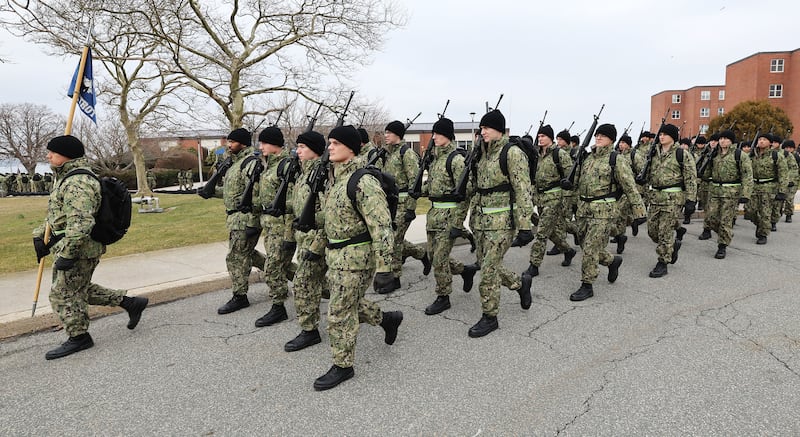 U.S. Naval officer candidates march at Naval Station Newport in Newport, Rhode Island, on Friday, Feb. 2, 2024.