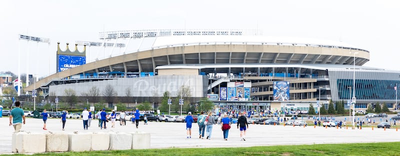 Fans walk into Kauffman Stadium for JustServe night at the Kansas City Royals game in Kansas City, Missouri, Thursday, April 9, 2026.