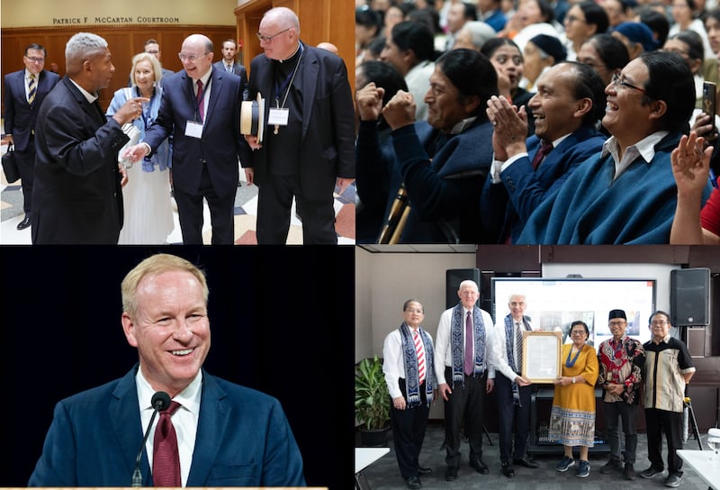 Clockwise from top left: Elder Quentin L. Cook of the Quorum of the Twelve Apostles, and his wife, Sister Mary Cook, laugh with Reverend Eugene Rivers, left, and Cardinal Timothy Dolan, archbishop of New York, during the Notre Dame Religious Liberty Summit at the University of Notre Dame in South Bend, Indiana, on Monday, June 28, 2021; Latter-day Saints in Otavalo, Ecuador, react to the news that a new temple will be built in their city. Photo taken on Thursday, May 14, 2026; Elder Gérald Caussé of the Quorum of the Twelve Apostles presents a framed copy of "The Family: A Proclamation to the World" to Rev. Dr. Henriette Hutabarat-Lebang, Asia president of the World Council of Churches and the Indonesian Bible Society’s general chairperson, at a visit on April 21, 2026, to the Indonesian Bible Society's headquarters in Jakarta, Indonesia. They are, from left: Elder Juswan Tandiman, an Area Seventy; Elder Kelly R. Johnson, General Authority Seventy and counselor in the Church's Asia Area presidency; Elder Caussé; the Rev. Hutabarat-Lebang; Dr. Sigit Triyono, the society's general secretary, and the Rev. Gomar Gultom, the immediate past president of the Communion of Churches in Indonesia; Elder W. Mark Bassett, a General Authority Seventy and executive director of the Church's Missionary Department, speaks during a devotional held at the Provo Missionary Training Center in Provo, Utah, on Tuesday, May 5, 2026.