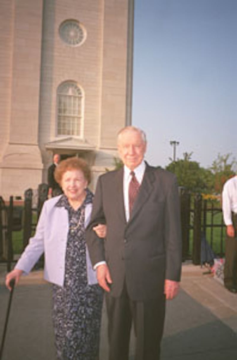 President James E. Faust with his wife, Ruth, at Nauvoo Illinois Temple dedication.