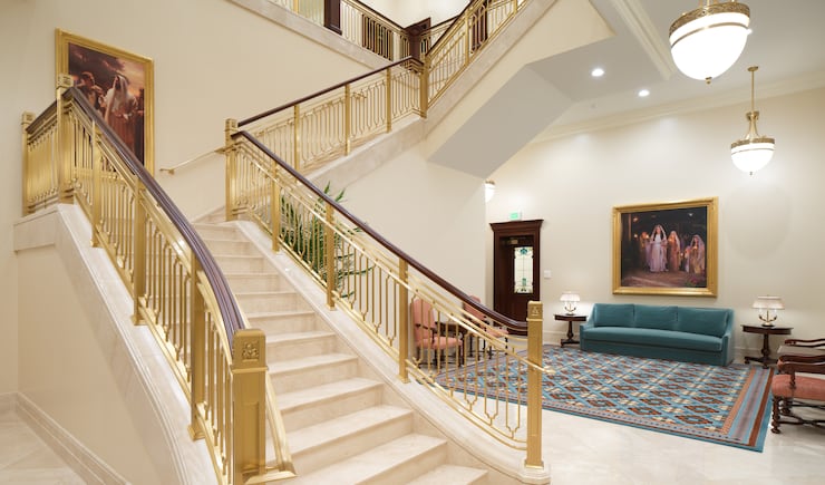 A staircase inside the Miraflores Guatemala City Guatemala Temple.
