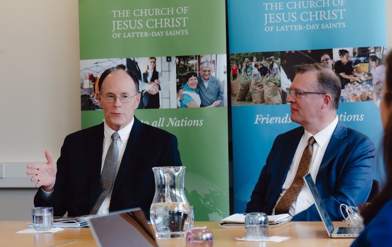 Presiding Bishop W. Christopher Waddell (left) leads a roundtable discussion on caring for those in need around the world with the leaders of humanitarian organizations in London, England, on Monday, March 23, 2026.