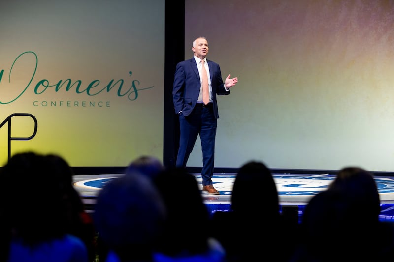 BYU President C. Shane Reese speaks to attendees at BYU Women’s Conference in the Marriott Center in Provo, Utah, May 4, 2023.