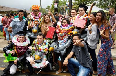 Graduates celebrate with family and friends following the BYU-Hawaii Winter Semester Commencement ceremony on April 20, 2019.