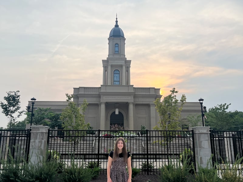 Janie Jensen, age 16, of the Westlake Ward, Cleveland Ohio Stake, is pictured in front of the soon-to-be-dedicated Cleveland Ohio Temple on Aug. 9, 2026.