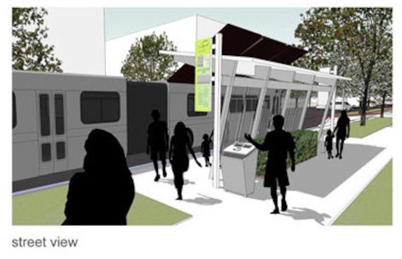 A street-view rendering of a next-generation bus stop designed by Laura Daniels.