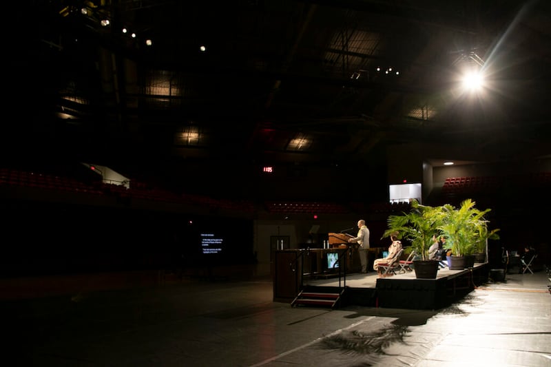 Susan Tanner is introduced in an empty auditorium at BYU–Hawaii. She delivered her May 5, 2020, devotional address to BYU–Hawaii students via livestream.