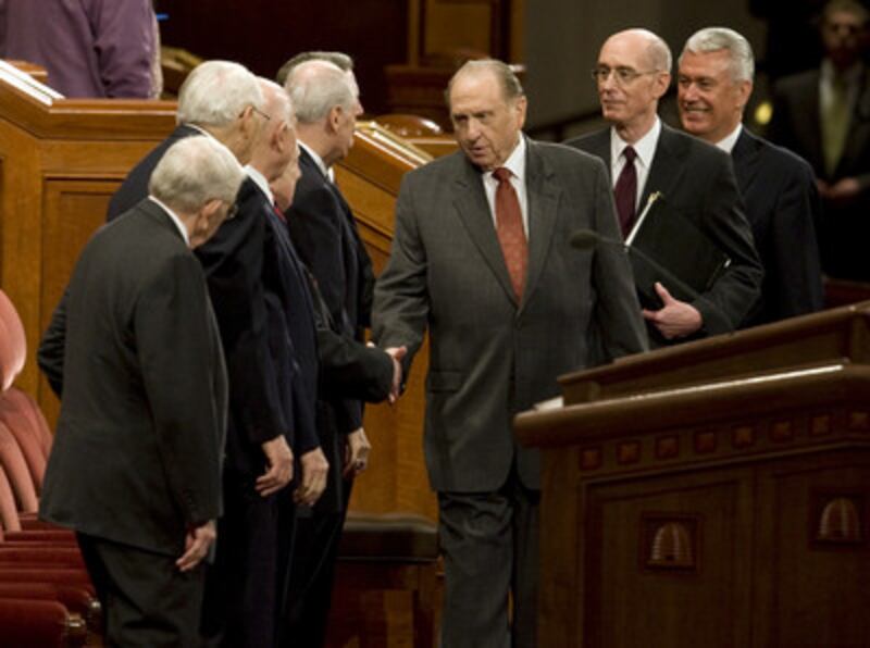 President Thomas S. Monson, followed by his counselors, President Henry B. Eyring and President Diet