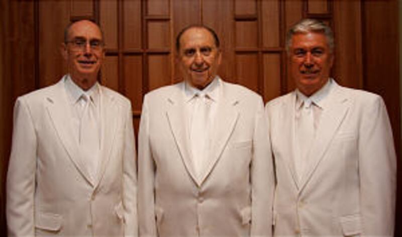 President Thomas S. Monson, center, and his counselors, President Henry B. Eyring, left, and Preside