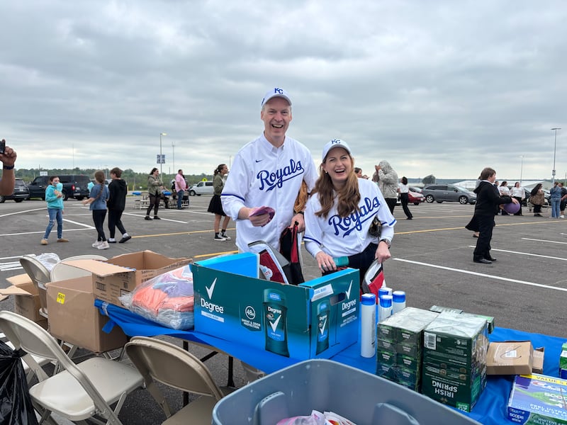 Elder Jeremiah Morgan and Sister Rebecca Morgan put together hygiene kits as part of the JustServe night at the Kansas City Royals Major League Baseball game April 25, 2025, in Kansas City, Missouri.