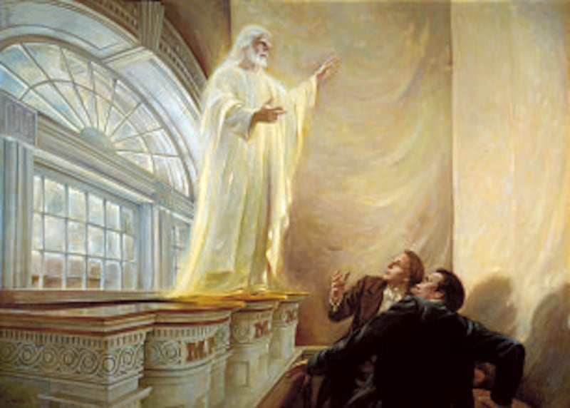 In a Walter Rane depiction, the Lord Jesus Christ appears to Joseph Smith and Oliver Cowdery, standi