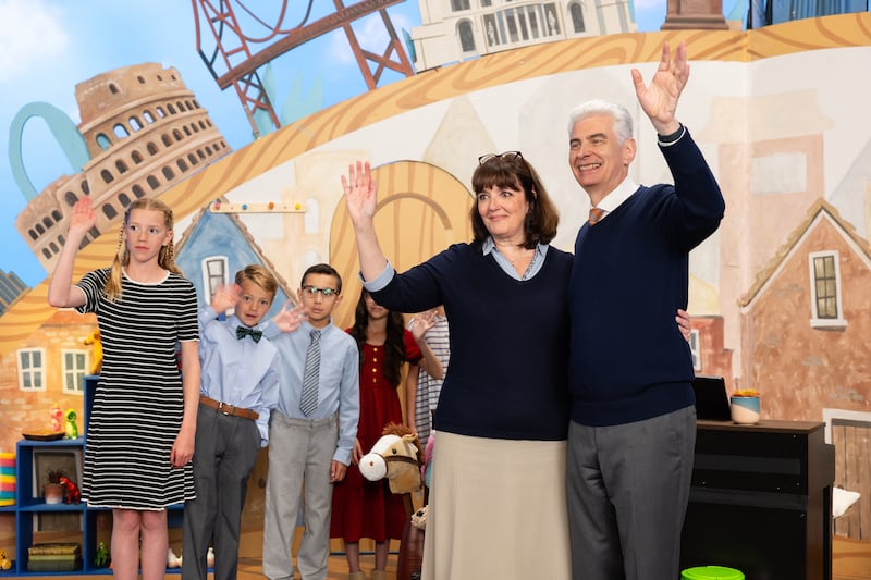 Elder Gérald Caussé and Sister Valérie Caussé, wave at the conclusion of the September 2026 Friend to Friend broadcast.