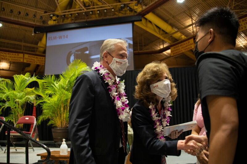 Elder K. Brett Nattress, a General Authority Seventy and first counselor in the Pacific Area presidency, and his wife, Sister Shawna A. Nattress, greet BYU–Hawaii students prior to Elder Nattress speaking during campus devotional in Laie, Hawaii, on Tuesday, Oct. 5, 2021.