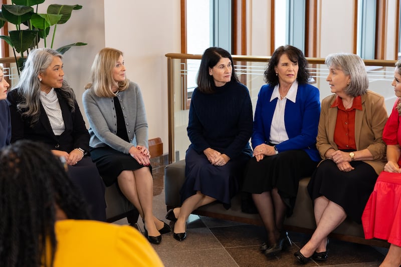 Sister J. Anette Dennis, first counselor in the Relief Society general presidency, second from right, speaks with members of the Relief Society general advisory council during the filming of the March 2026 Relief Society devotional, while in the Conference Center in Salt Lake City on Friday, Dec. 5, 2025.