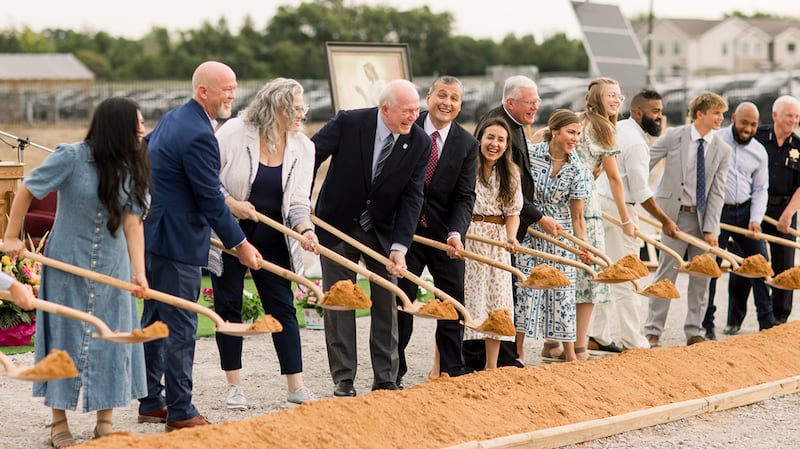 Elder Pedro X. Larreal, a General Authority Seventy and member of the Church’s United States Southwest Area presidency, fifth from left; and his wife, Sister Sariah Larreal, sixth from left, join other Latter-day Saints, community members and invited guests to break ground for the Tulsa Oklahoma Temple on Saturday, Aug. 22, 2026, in Tulsa, Oklahoma.