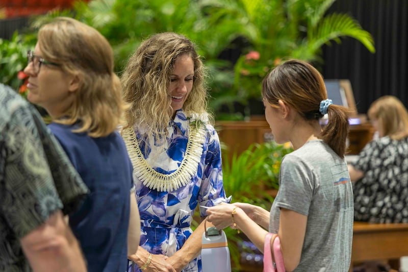 BYU–Hawaii President John S.K. Kauwe III and his wife, Sister Monica Kauwe, greet students and faculty following devotional held in the Cannon Activities Center in Laie, Hawaii, on Tuesday, Sept. 8, 2026.
