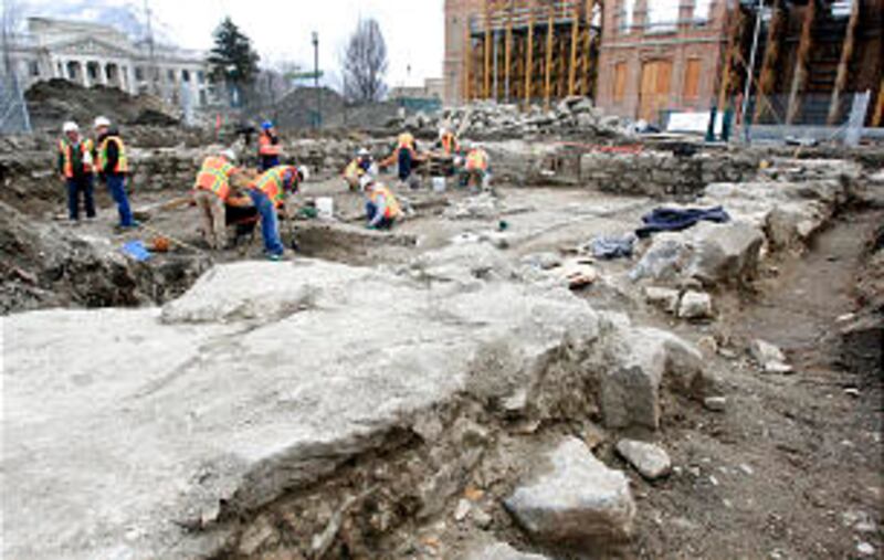 Workers uncover the original Provo Tabernacle foundation Thursday, Feb. 16, 2012. Students from BYU