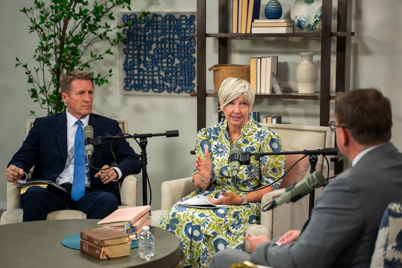 Left, Young Men General President Timothy L. Farnes and Young Women General President Emily Belle Freeman speak during a recording of the Church News podcast released Monday, Aug. 31, 2026