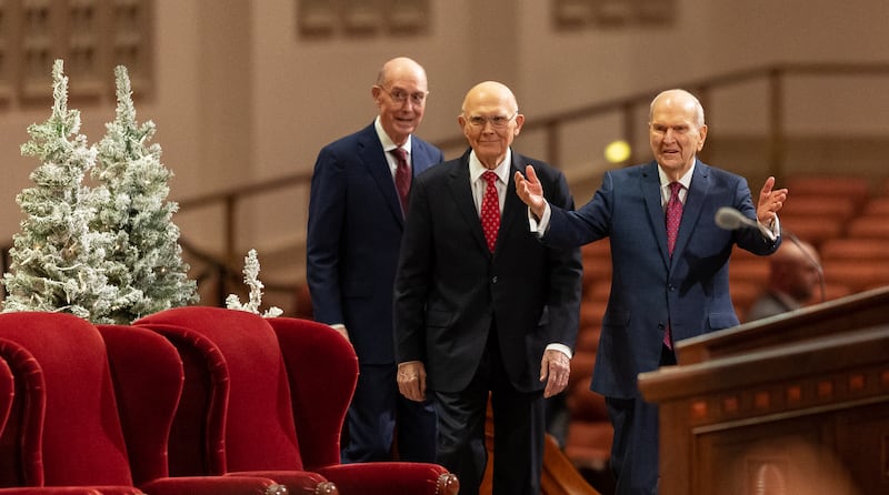 President Russell M. Nelson, with his counselors in the First Presidency, President Dallin H. Oaks and President Henry B. Eyring, walk to their seats in the Conference Center.